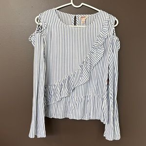 Arizona, Large, blue and white, long sleeve, top, flare sleeve, crisscross